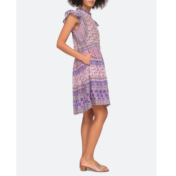 SEA New York Bianca Tunic Mini Dress Violet Floral Print Flutter Sleeve SZ 4 US - Picture 5 of 7